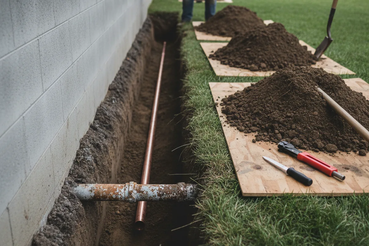 Excavated water line trench during Water Softener Installation in Oxnard